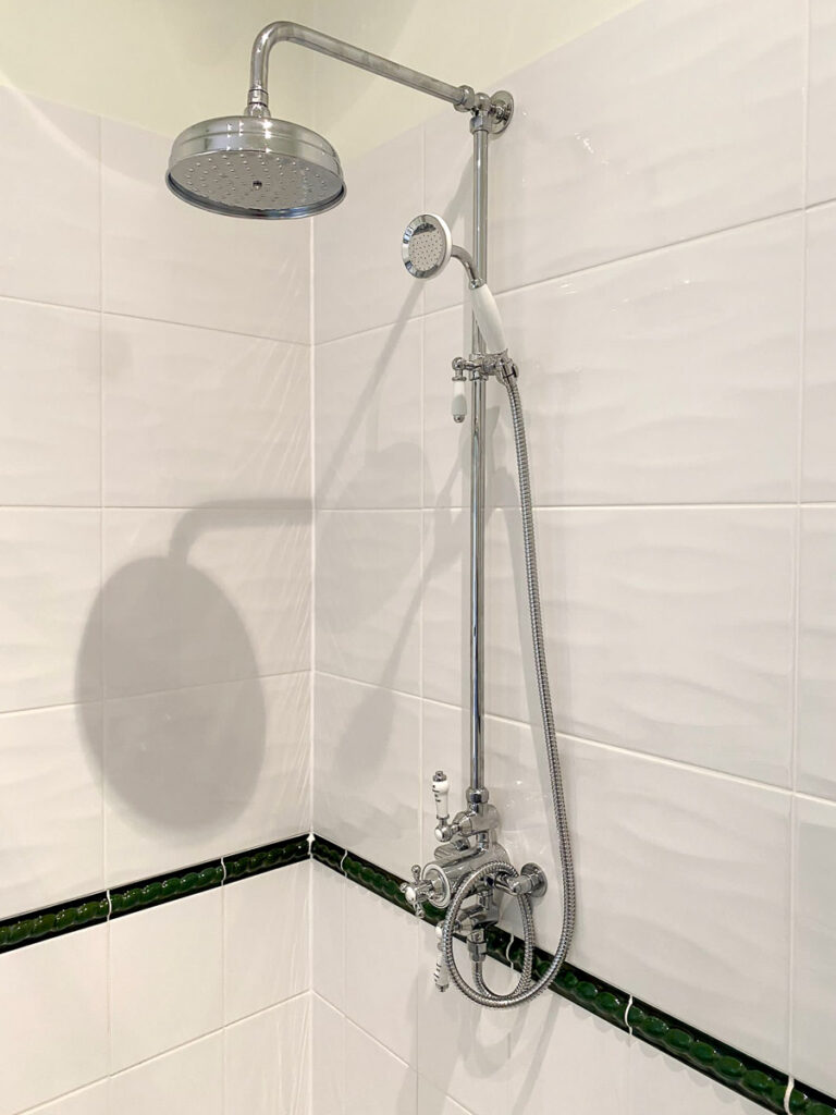 New shower in reconfigured bathroom