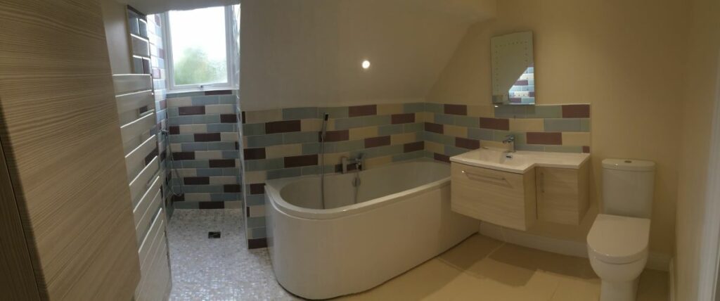 Bathroom renovation.
Level access walk-in shower.
Wall hung vanity unit.